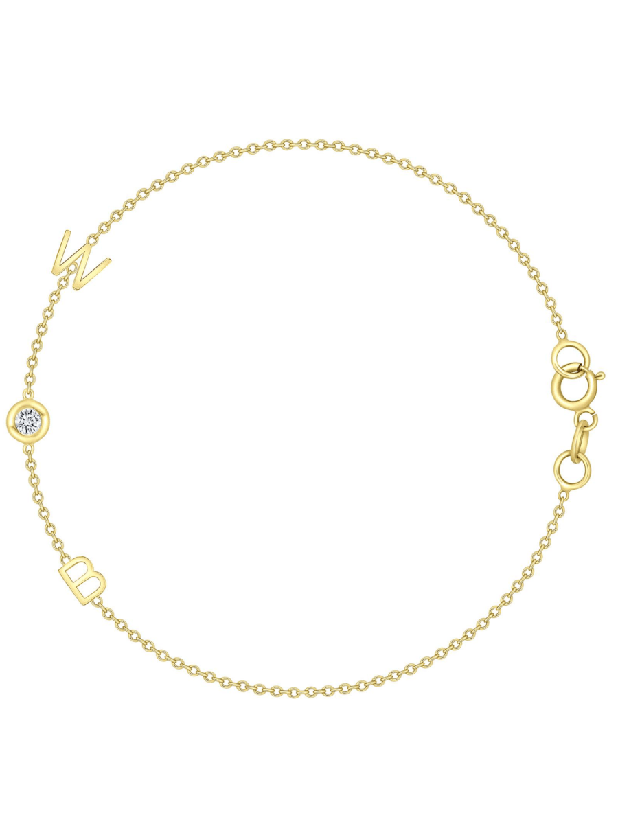 Dainty yellow gold chain bracelet with two initial letters and single diamond