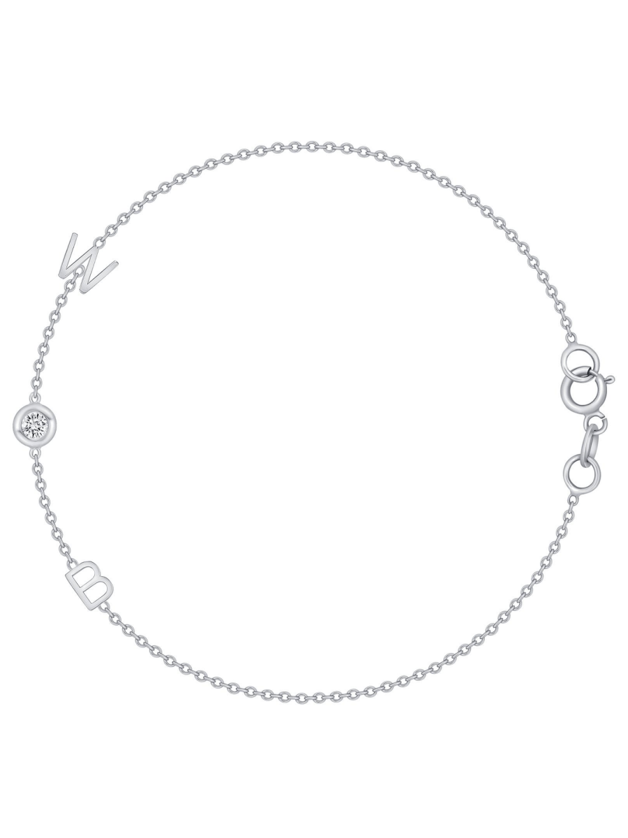 Dainty white gold chain bracelet with two initial letters and single diamond