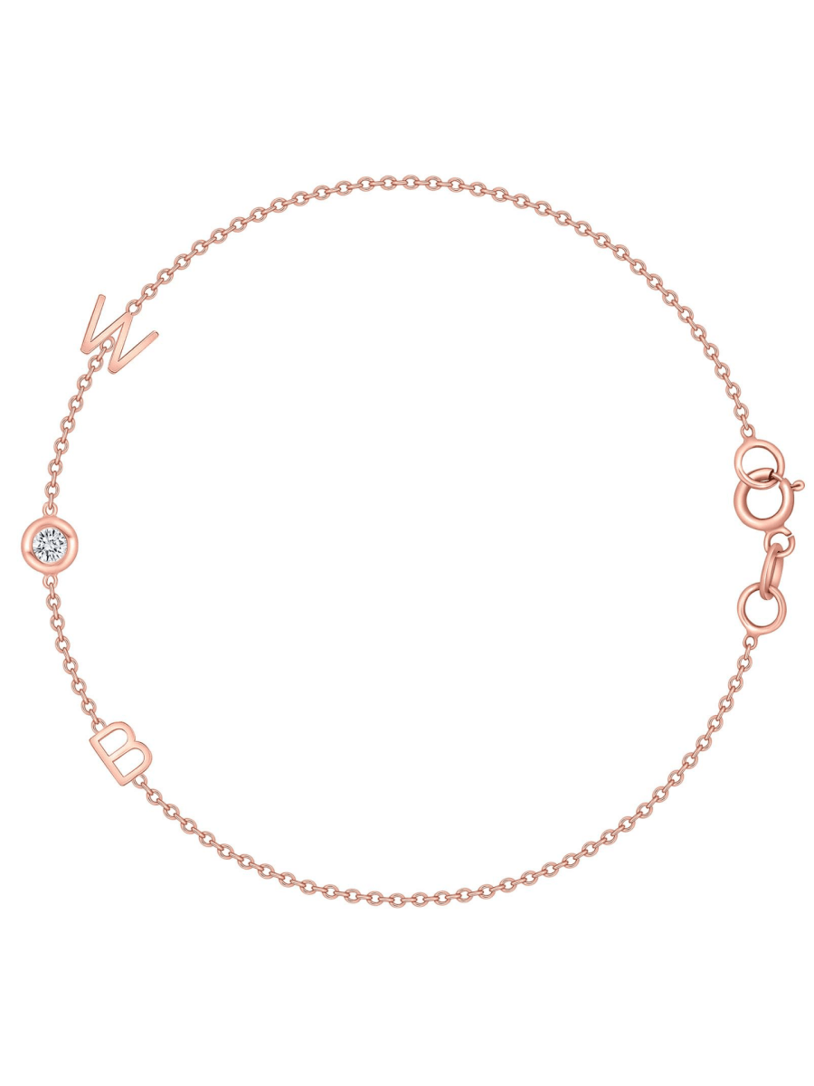 Dainty rose gold chain bracelet with two initial letters and single diamond