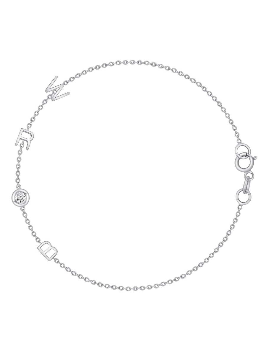 Dainty white gold chain bracelet with three initials and single diamond