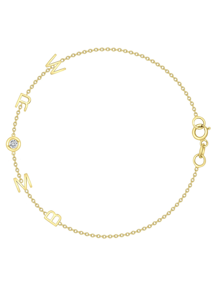 Dainty yellow gold chain bracelet with four initials and single diamond
