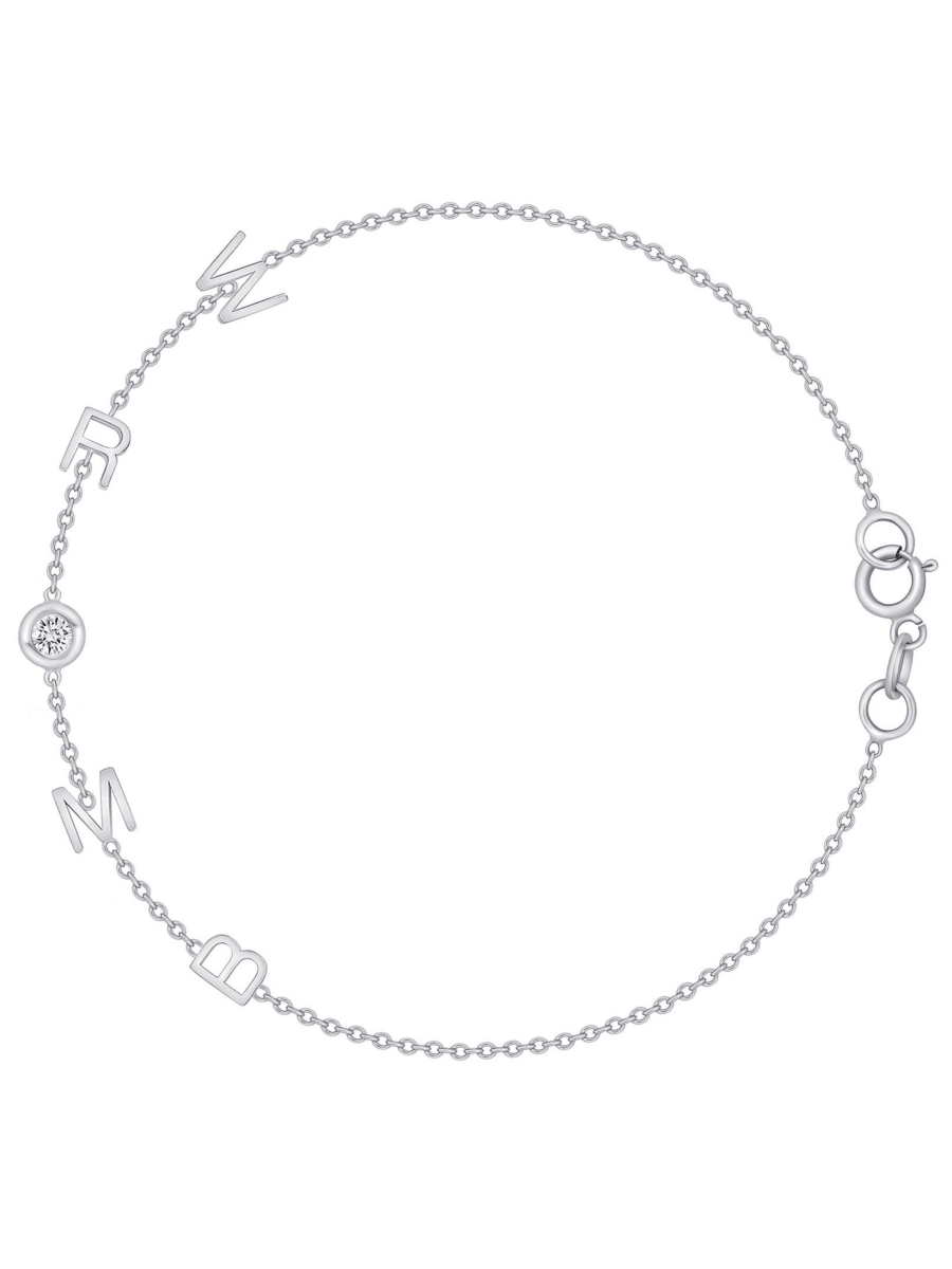 Dainty white gold chain bracelet with four initials and single diamond