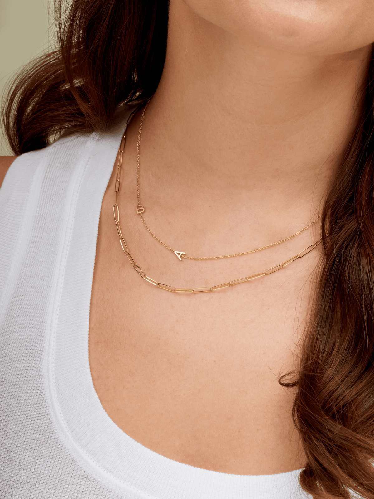 Dainty Gold Chain with Single Initial Letter Set asymmetrically in Chain layered with paperclip necklace
