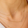 Dainty gold chain with single initial letter layered with dainty gold chain with two initial letters and another dainty gold chain with three initial letters