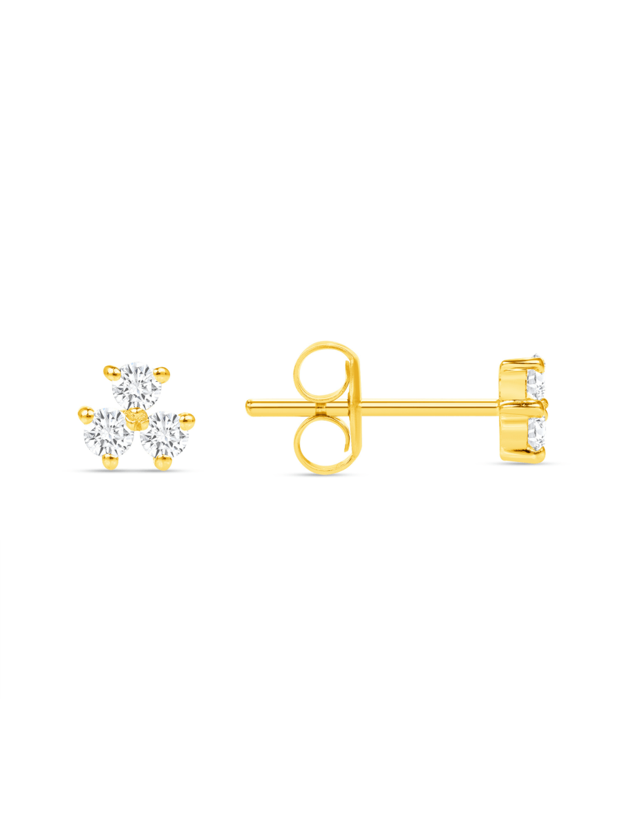 Diamond trio stud earrings yellow gold on white background