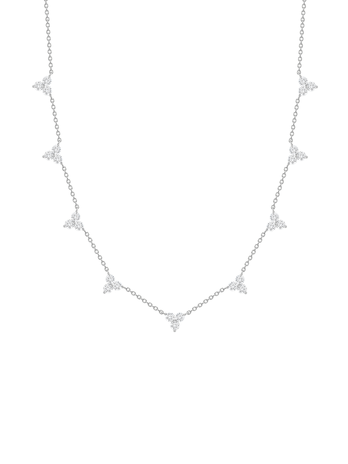 14K white gold diamond cluster necklace on a white background
