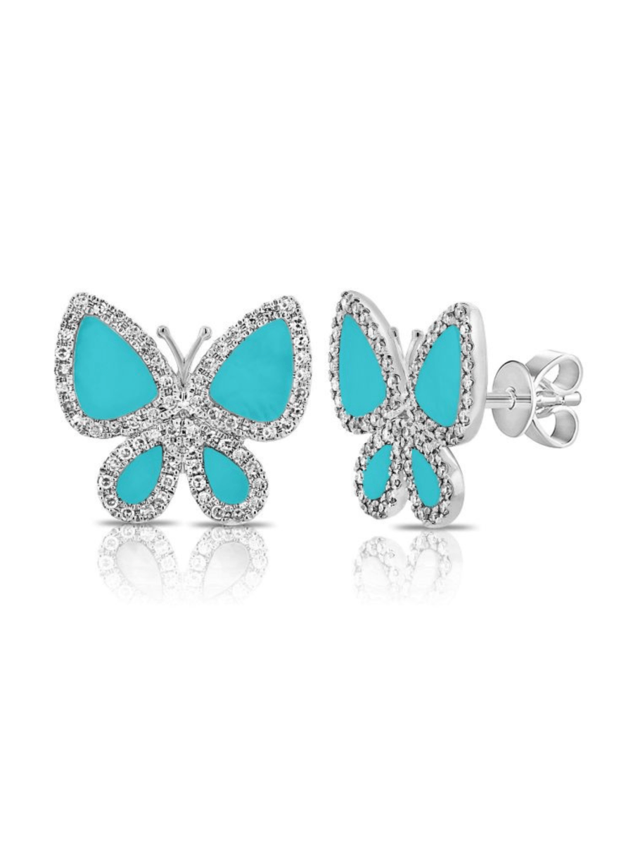 Turquoise butterfly earrings with diamonds 14K white gold on white background