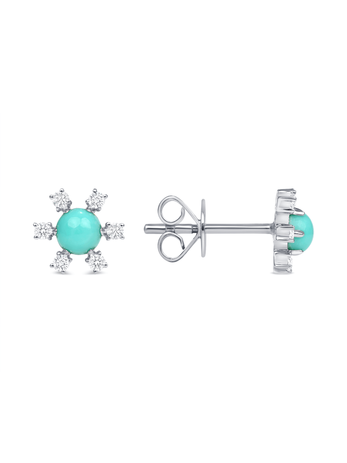 Turquoise earrings with diamonds white gold on white background