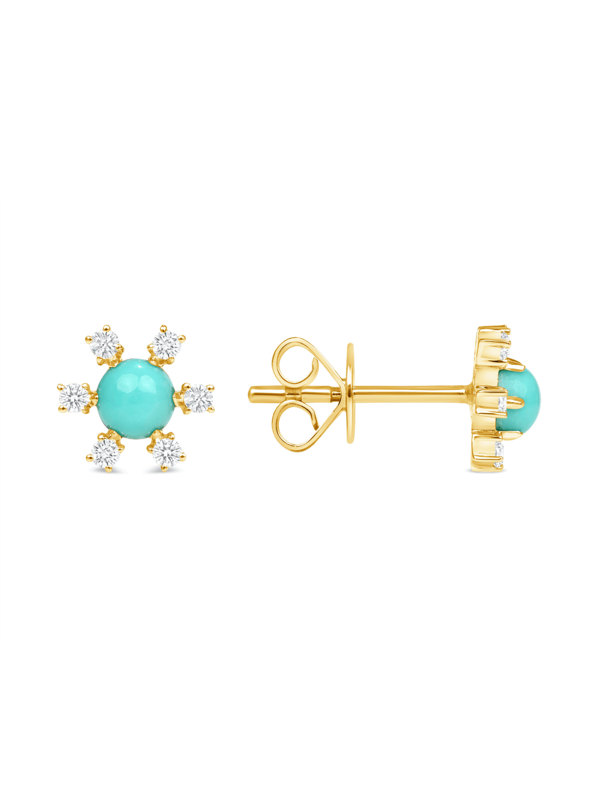 Turquoise earrings with diamonds yellow gold on white background