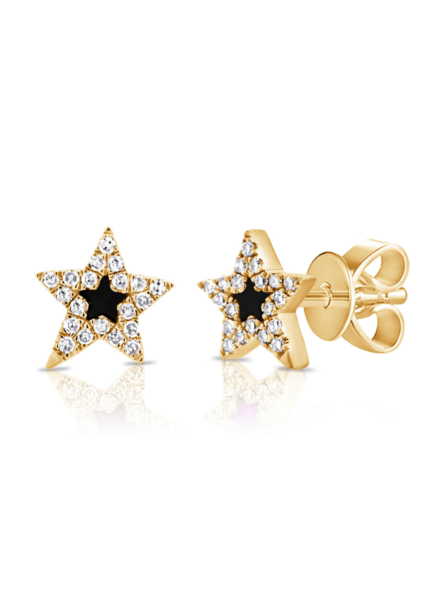 Black star earrings with diamonds 14K yellow gold on white background